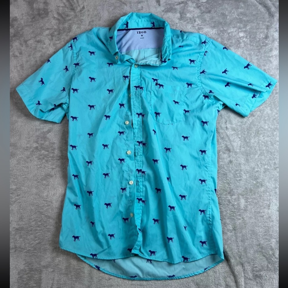 Izod Mens Blue Short Sleeve Dog Geometric Button Down Shirt Regular Size Medium